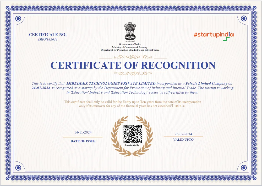 DPIIT Certificate of Recognition issued to imbeddeX Technologies Private Limited