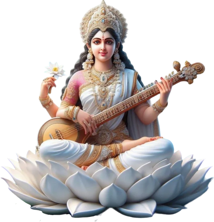 Goddess Saraswati seated on a white lotus, playing the veena